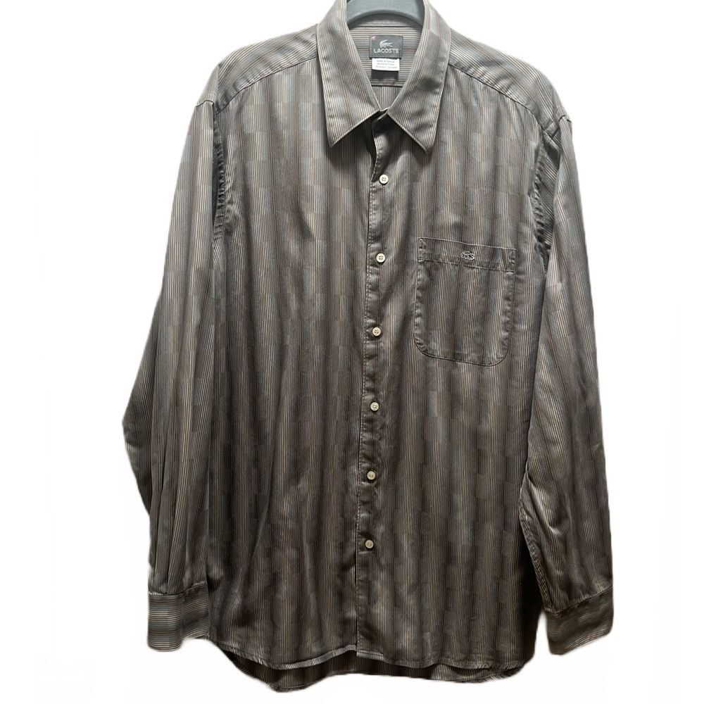 $15 SALE Lacoste Cotton Designer Shirt Mens 42 Beige Long Sleeve Preppy - Picture 5 of 13